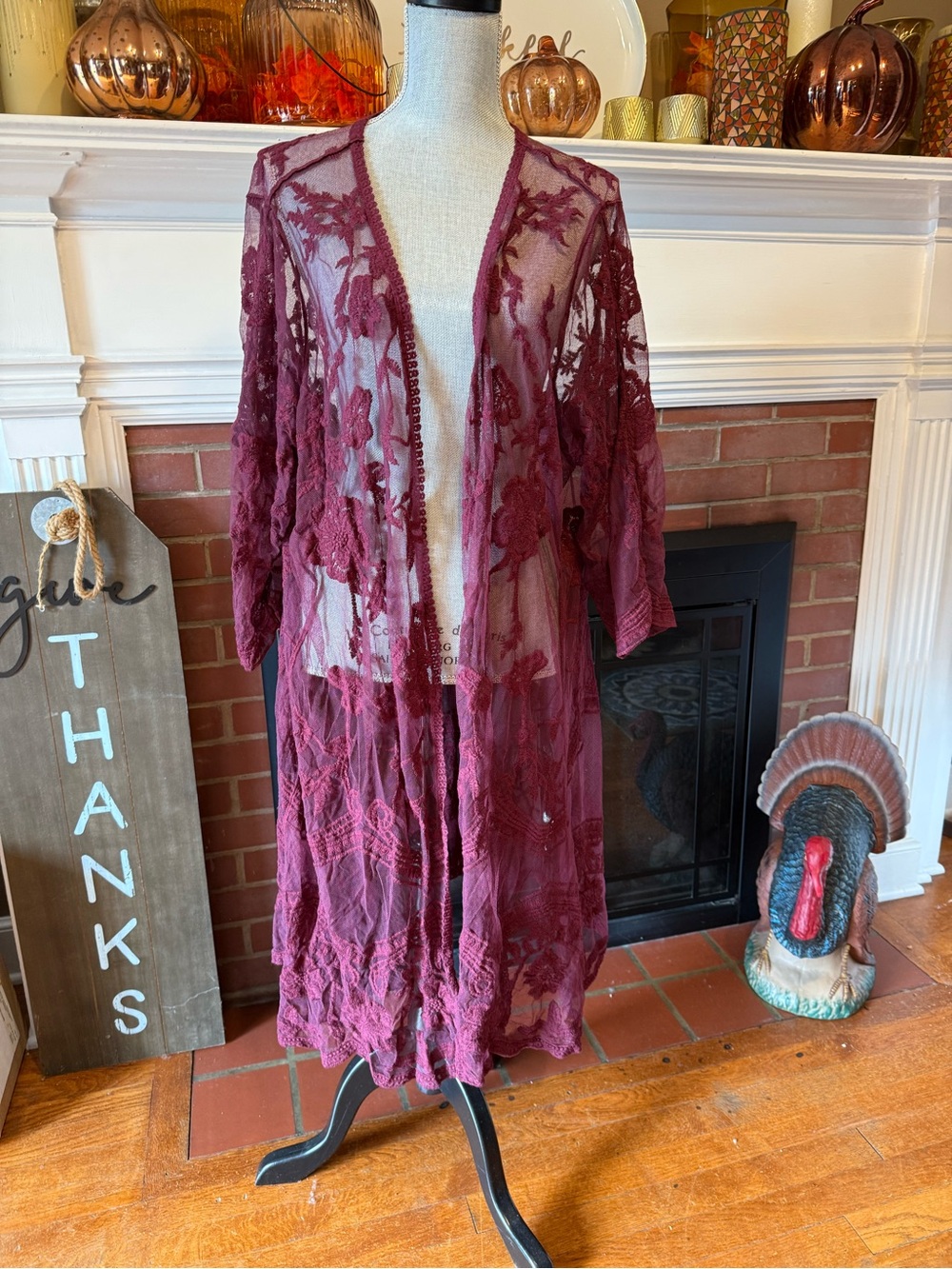 Lane Bryant Burgundy Floral Lace Sheer Duster